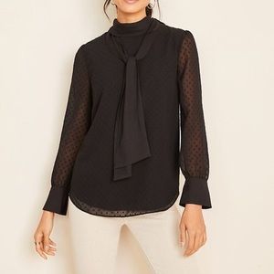 NWT Ann Taylor Black Clip Dot Mock Neck Bow Blouse